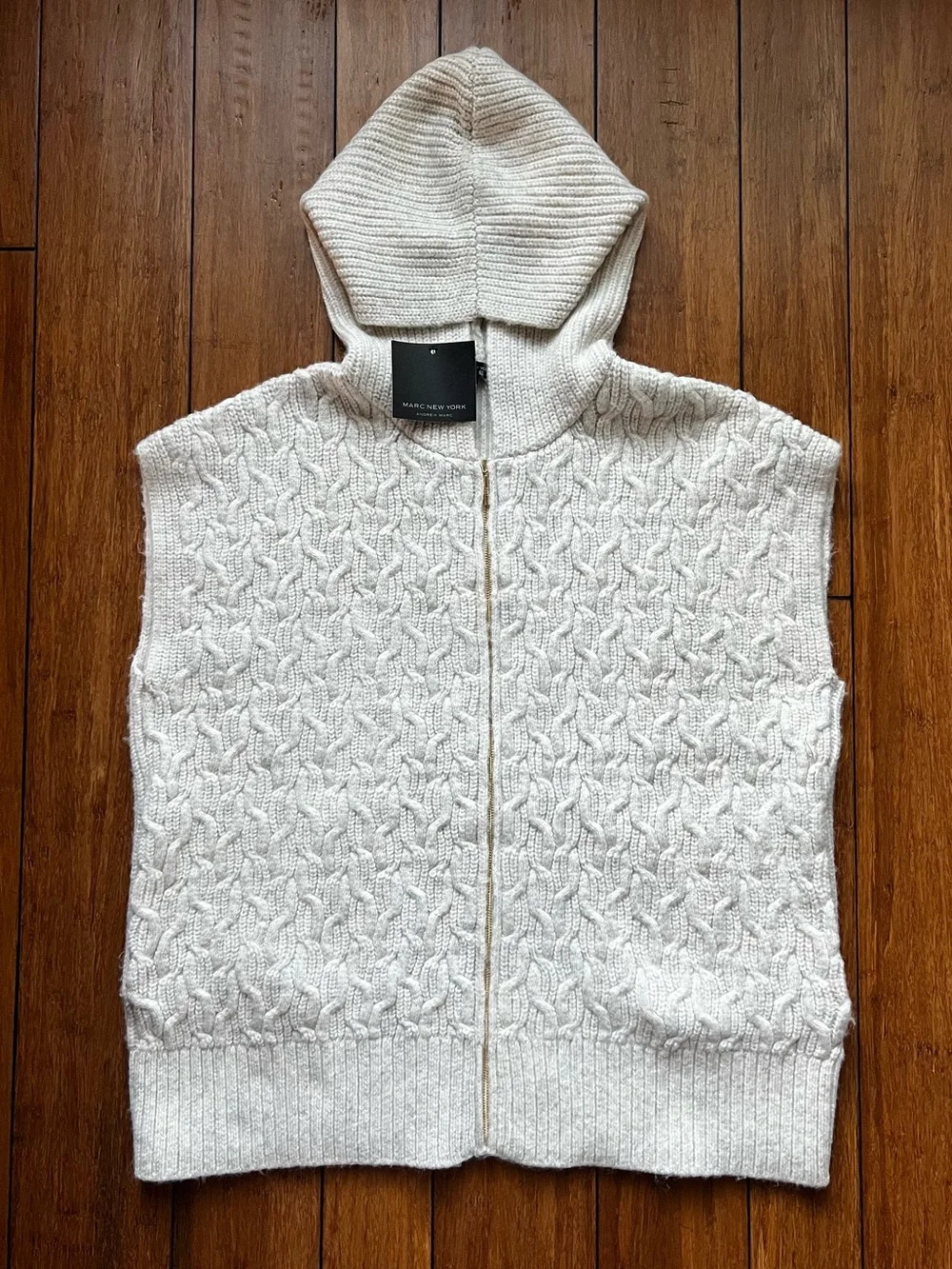 Marc New York Heather Oatmeal Hooded Cable Zip Sweater Vest Size L